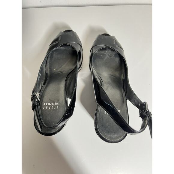 Stuart Weitzman EUC Black Patent Excise Slingback Open Toe Wedge Heel Size 8 M - Picture 5 of 7